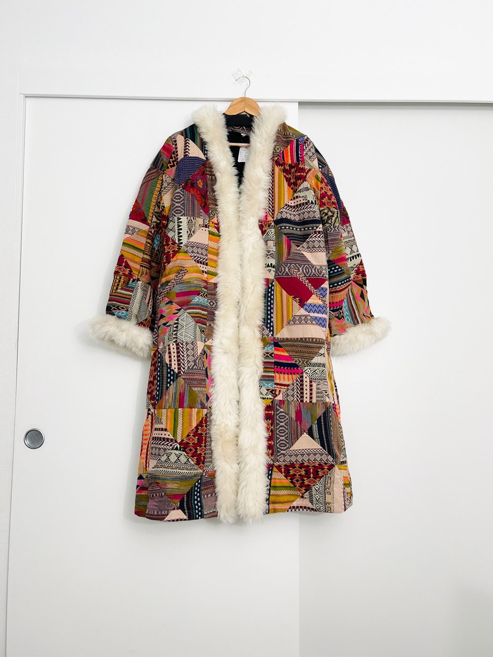 NWT Free People Caravan Patchwork Shearling Trim Coat Jacket Size Small